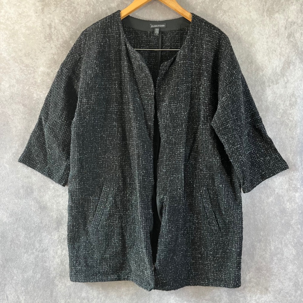 Eileen Fisher Coat Women Large Black White Boucle Wool Blend Open Front Boxy L/G